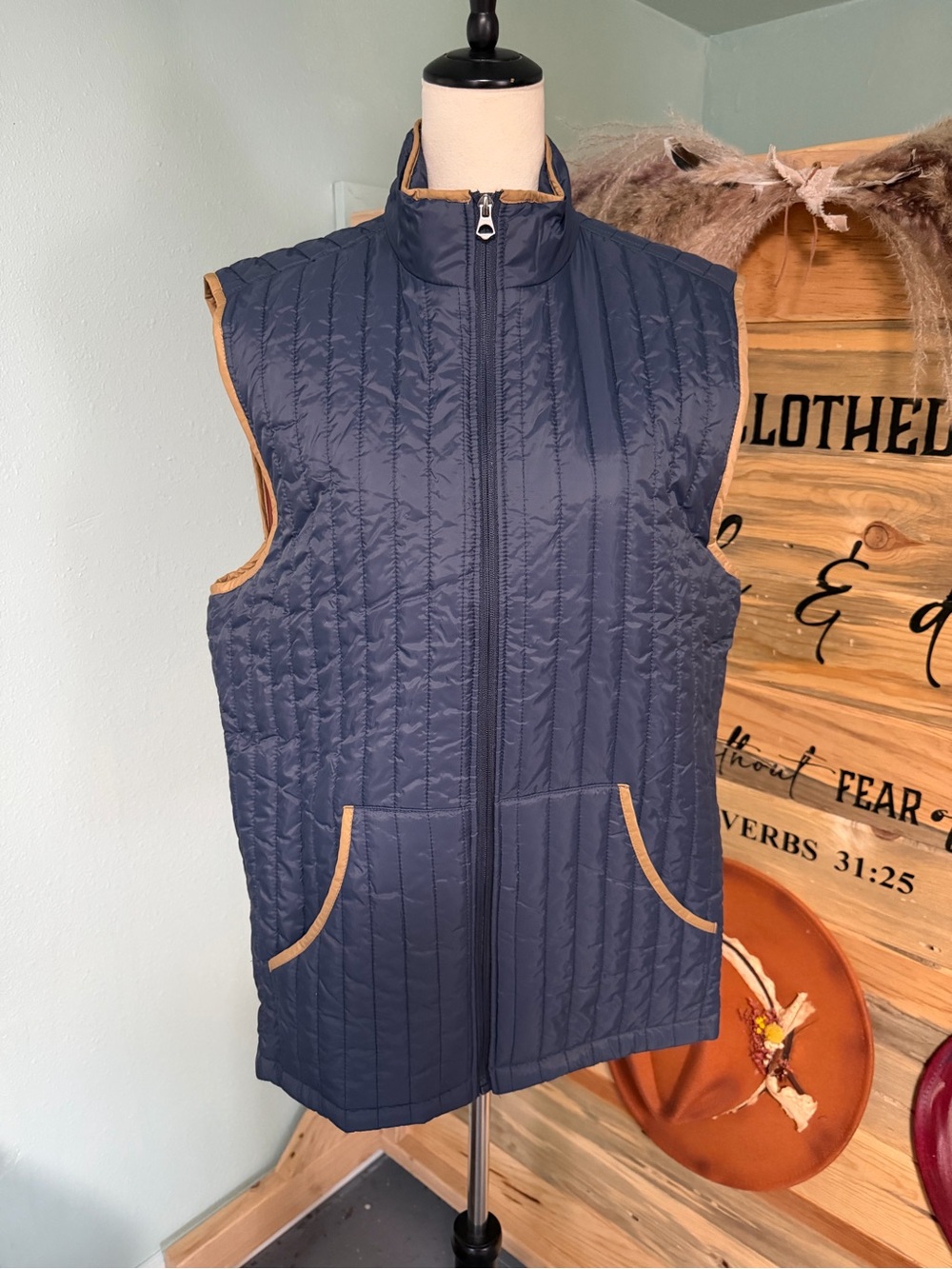 Navy Quilted Sleeveless Vest with Contrast Trim